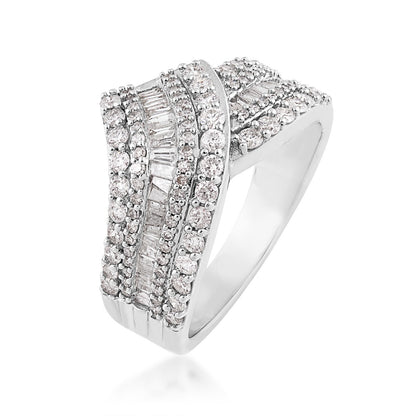 1 ct. tw. Round & Baguette Diamond Multirow Chevron Crossover Ring in 10K White Gold front view