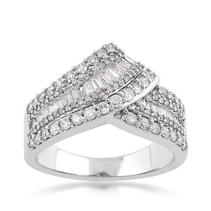 1 ct. tw. Round & Baguette Diamond Multirow Chevron Crossover Ring in 10K White Gold