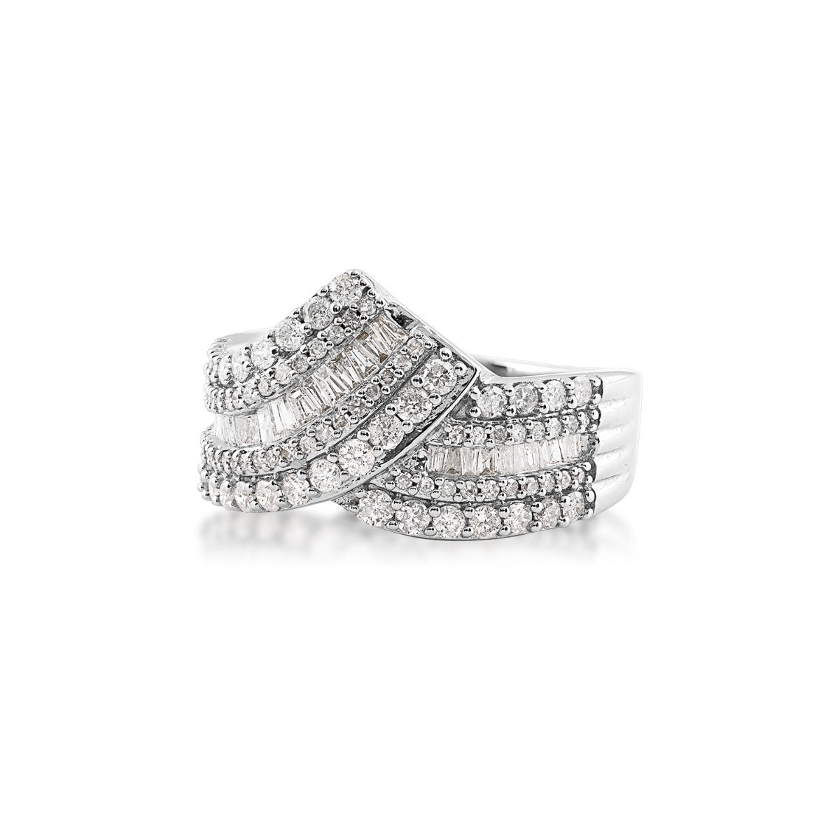 1 ct. tw. Round & Baguette Diamond Multirow Chevron Crossover Ring in 10K White Gold close-up detail