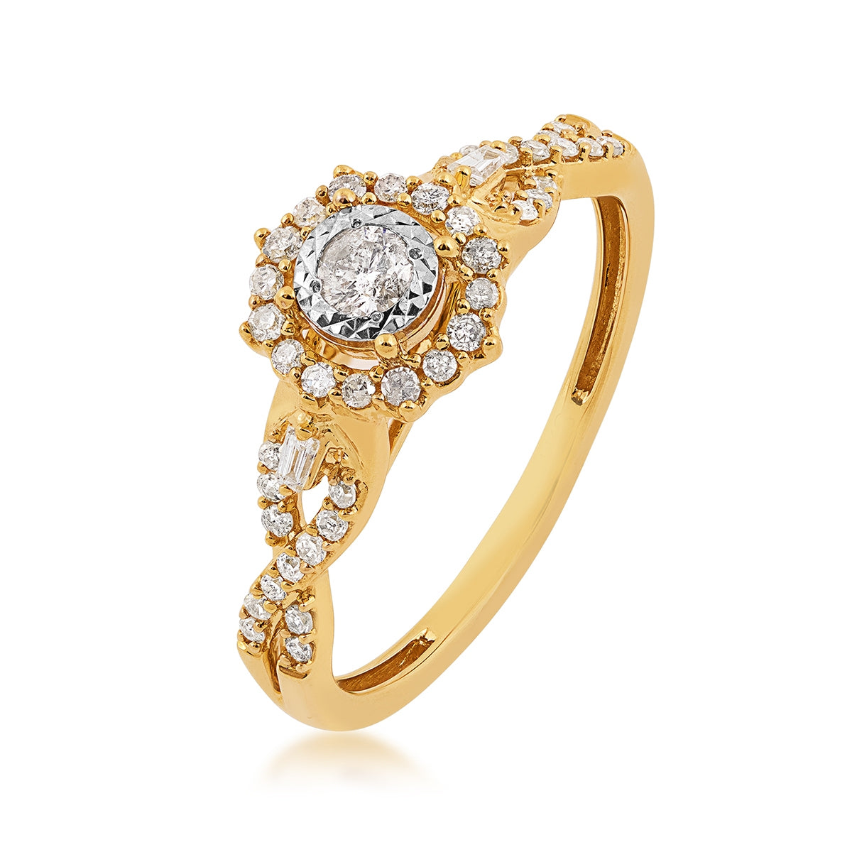 Infinite Love 1/3 ct. tw. Diamond Starburst Halo Promise Ring with Twist Shank & Miracle Plate in 10K Yellow Gold front view