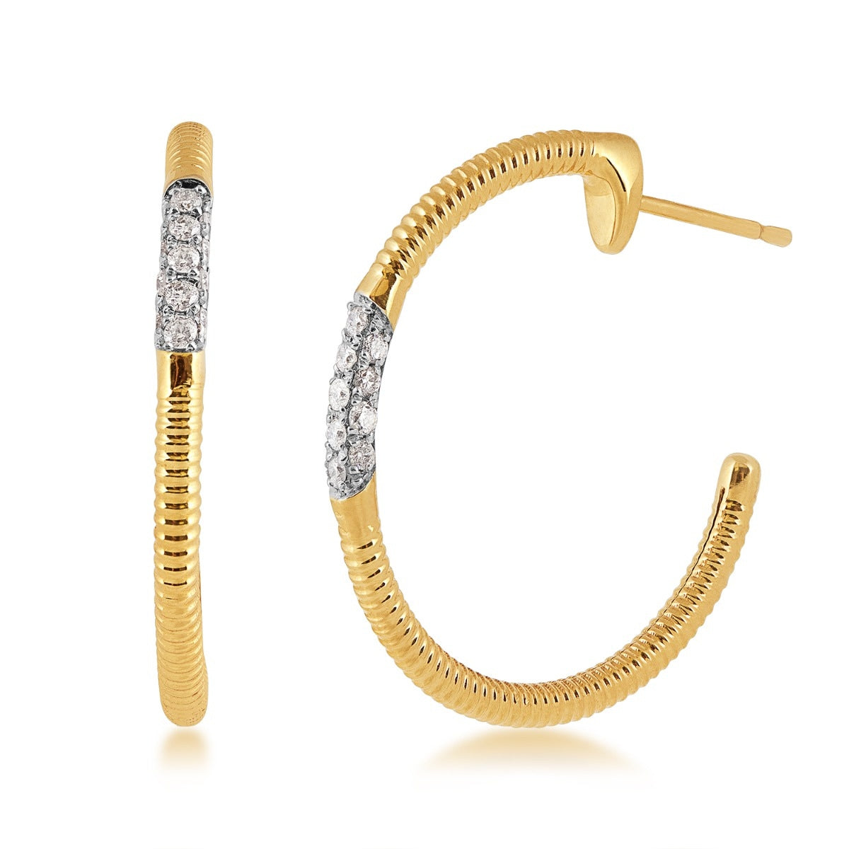 1/4 ct. tw. Diamond Ribbed Hoop Earrings in 10K Yellow Gold