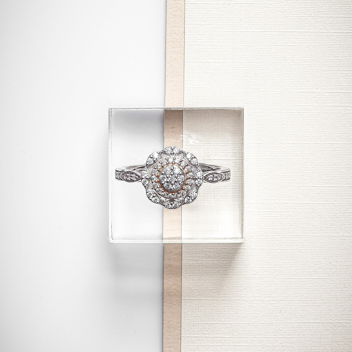 Fairytale Diamonds 3/8 ct. tw. Diamond Round Cluster Double Halo Promise Ring in 10K White & Pink Gold close-up detail