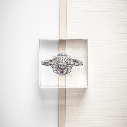 Fairytale Diamonds 3/8 ct. tw. Diamond Round Cluster Double Halo Promise Ring in 10K White & Pink Gold close-up detail