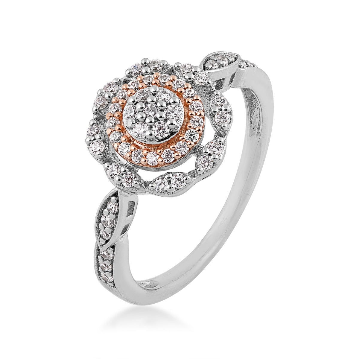 Fairytale Diamonds 3/8 ct. tw. Diamond Round Cluster Double Halo Promise Ring in 10K White & Pink Gold front view