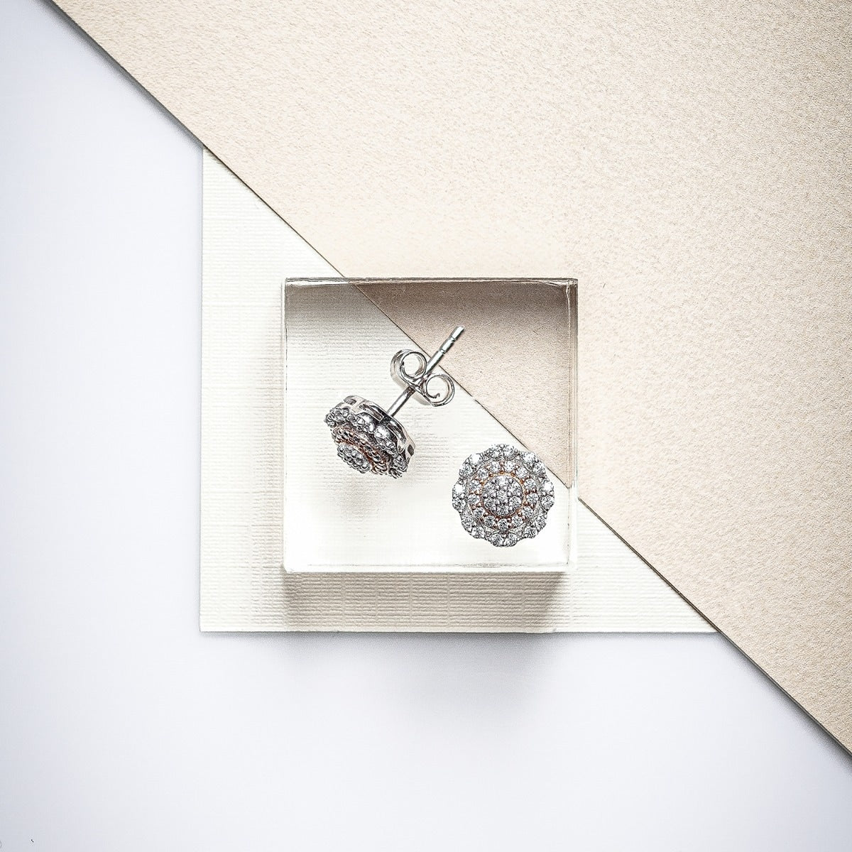 Fairytale Diamonds 1/2 ct. tw. Diamond Round Cluster Double Halo Earrings in 10K White & Pink Gold front view