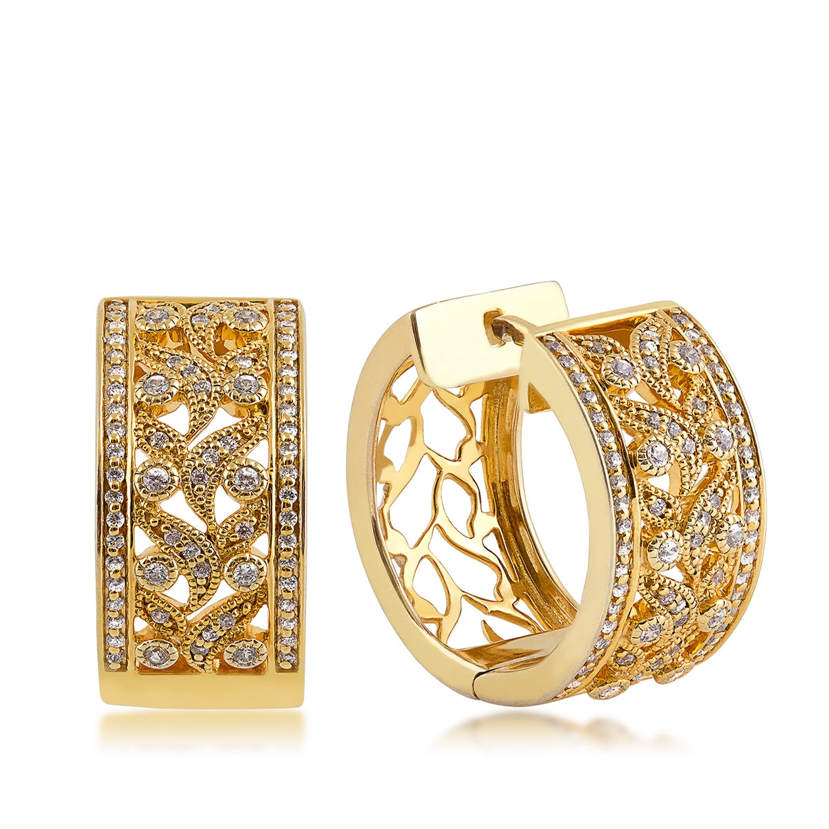 5/8 ct. tw. Diamond Floral Wide Hoop Earrings with Milgrain Detailing in 14K Yellow Gold