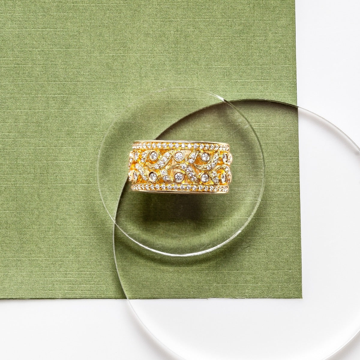 5/8 ct. tw. Diamond Floral Wide Band Ring with Milgrain Detailing in 14K Yellow Gold close-up detail