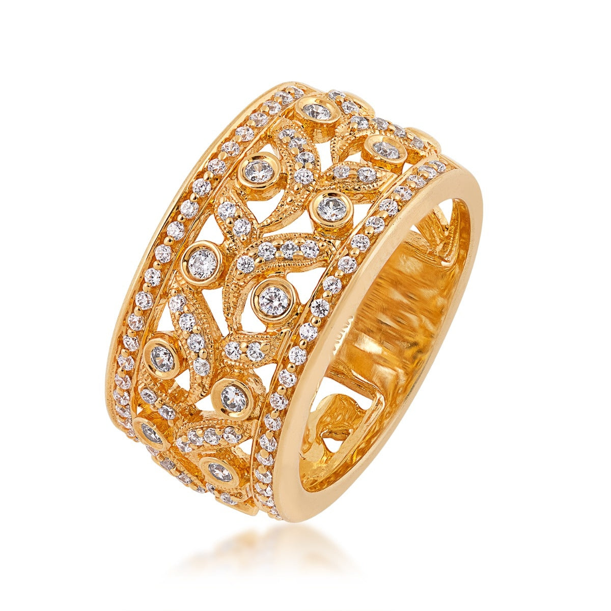 5/8 ct. tw. Diamond Floral Wide Band Ring with Milgrain Detailing in 14K Yellow Gold front view