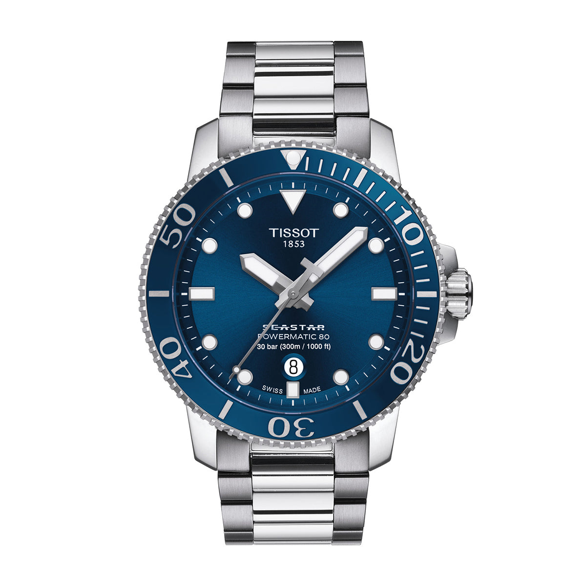 stainless steel men's Tissot Seastar automatic watch with blue dial