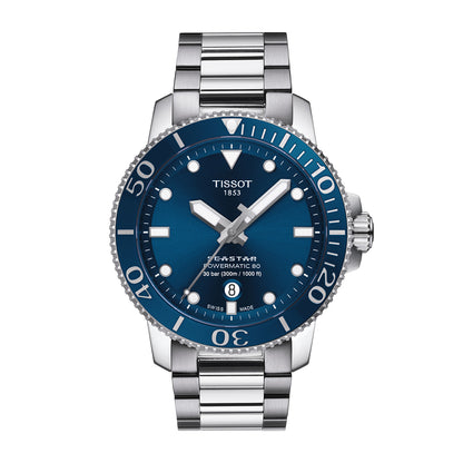 stainless steel men's Tissot Seastar automatic watch with blue dial