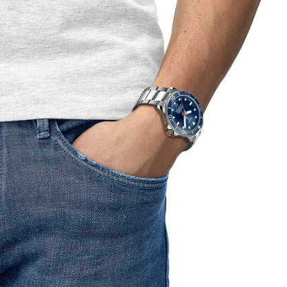 stainless steel men's Tissot Seastar automatic watch with blue dial