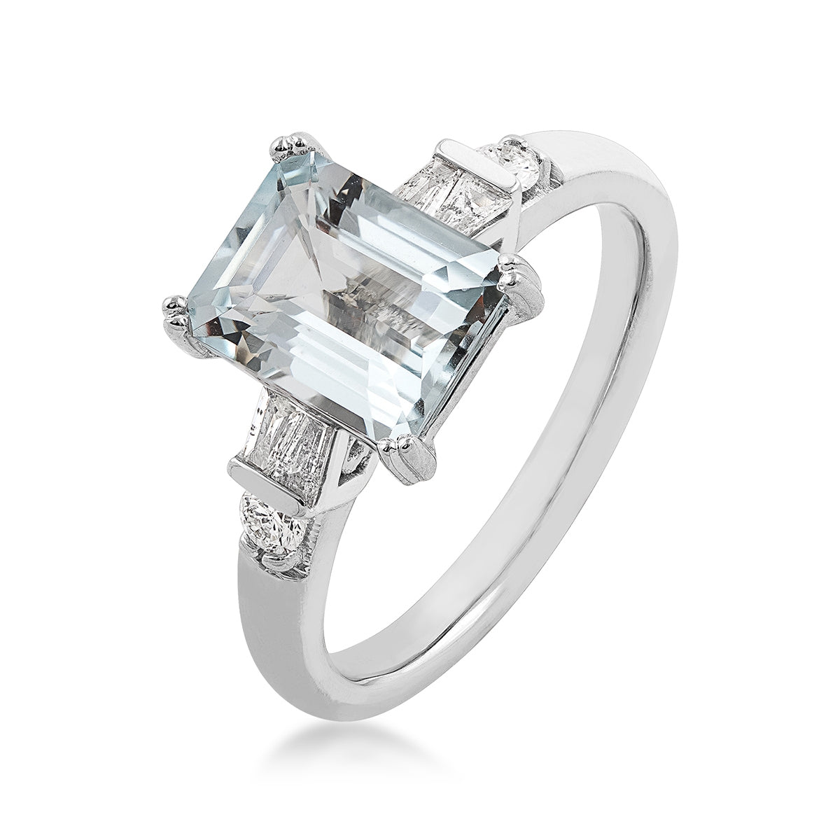 Emerald Cut Aquamarine & 1/4 ct. tw. Baguette & Round Diamond Ring in 14K White Gold front view