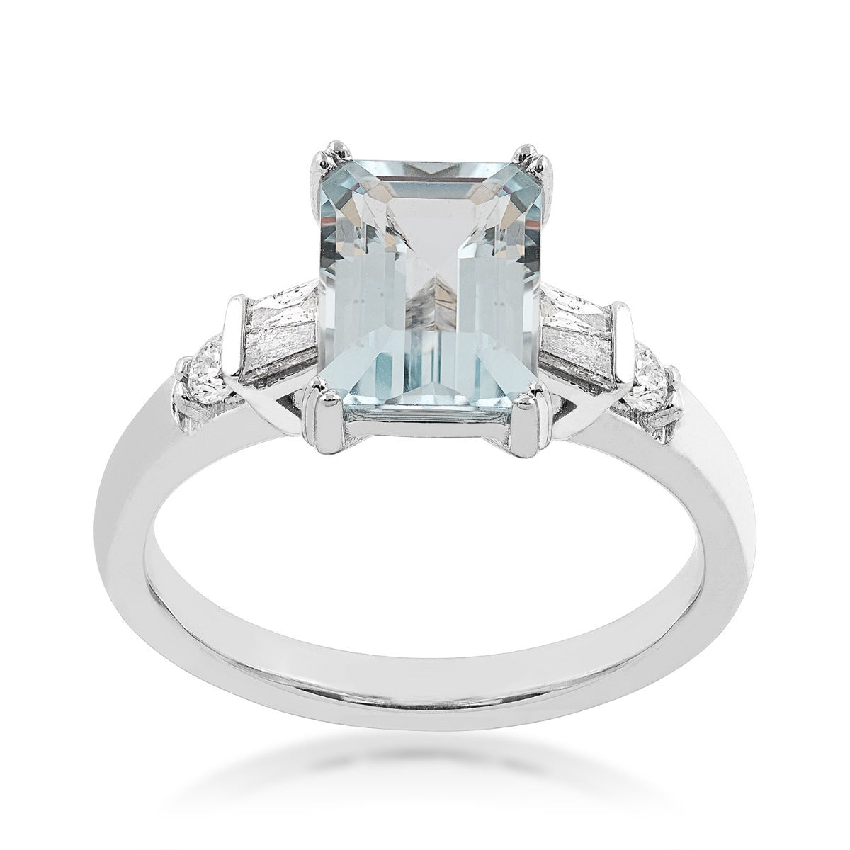 Emerald Cut Aquamarine & 1/4 ct. tw. Baguette & Round Diamond Ring in 14K White Gold