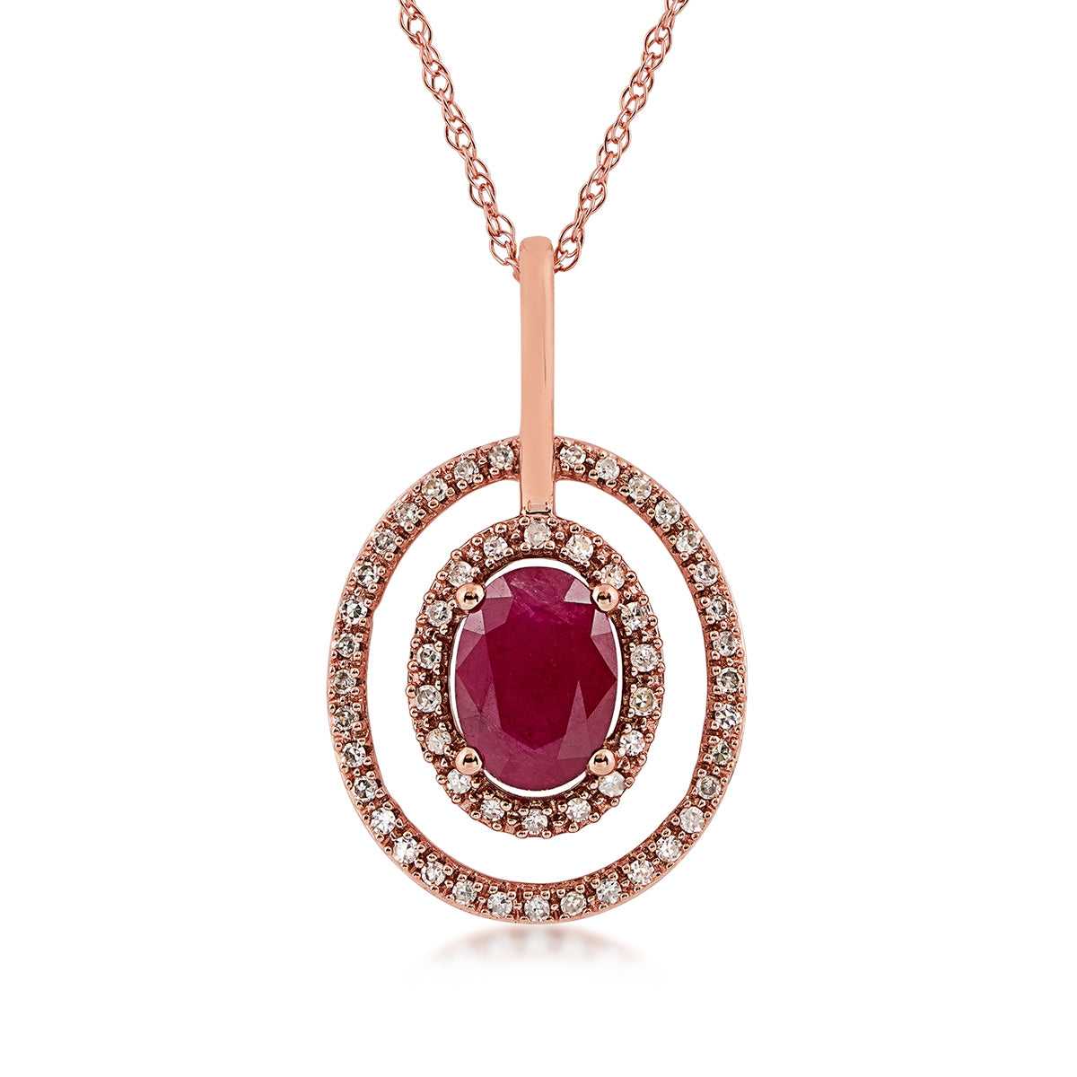 Oval Ruby & 1/7 ct. tw. Diamond Double Floating Halo Pendant in 10K Pink Gold