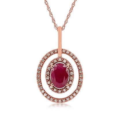 Oval Ruby & 1/7 ct. tw. Diamond Double Floating Halo Pendant in 10K Pink Gold