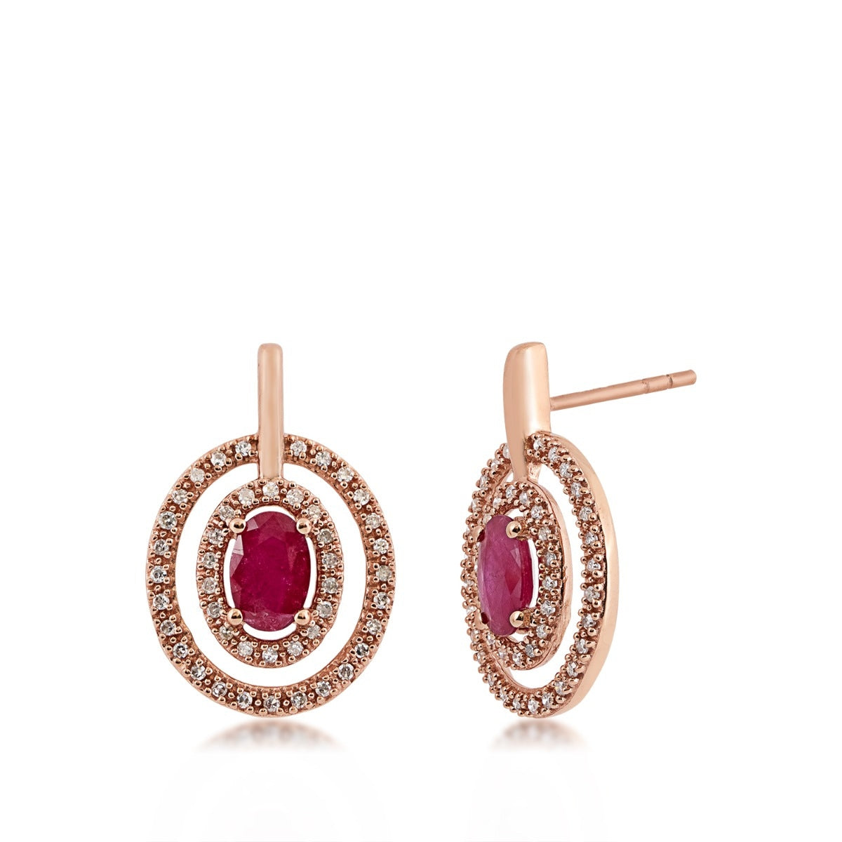 Oval Ruby & 1/4 ct. tw. Diamond Double Floating Halo Earrings in 10K Pink Gold
