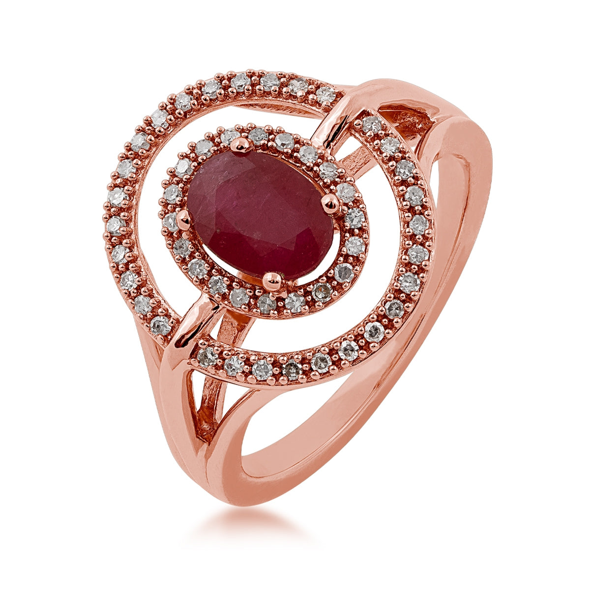 Oval Ruby & 1/5 ct. tw. Diamond Double Floating Halo Ring in 10K Pink Gold front view