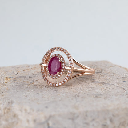 Oval Ruby & 1/5 ct. tw. Diamond Double Floating Halo Ring in 10K Pink Gold close-up detail
