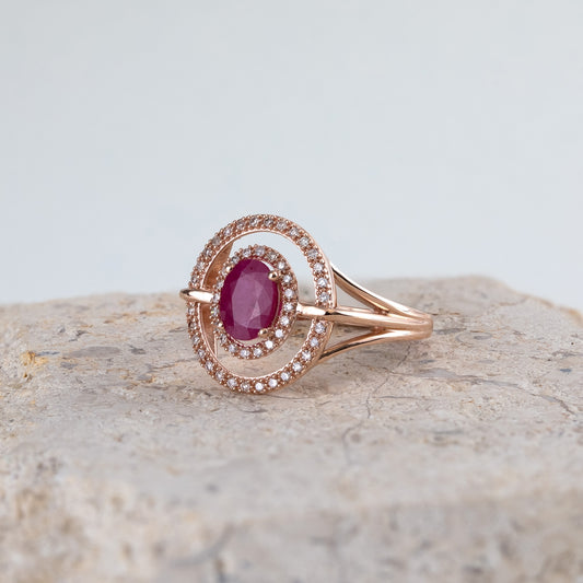 Oval Ruby & 1/5 ct. tw. Diamond Double Floating Halo Ring in 10K Pink Gold close-up detail