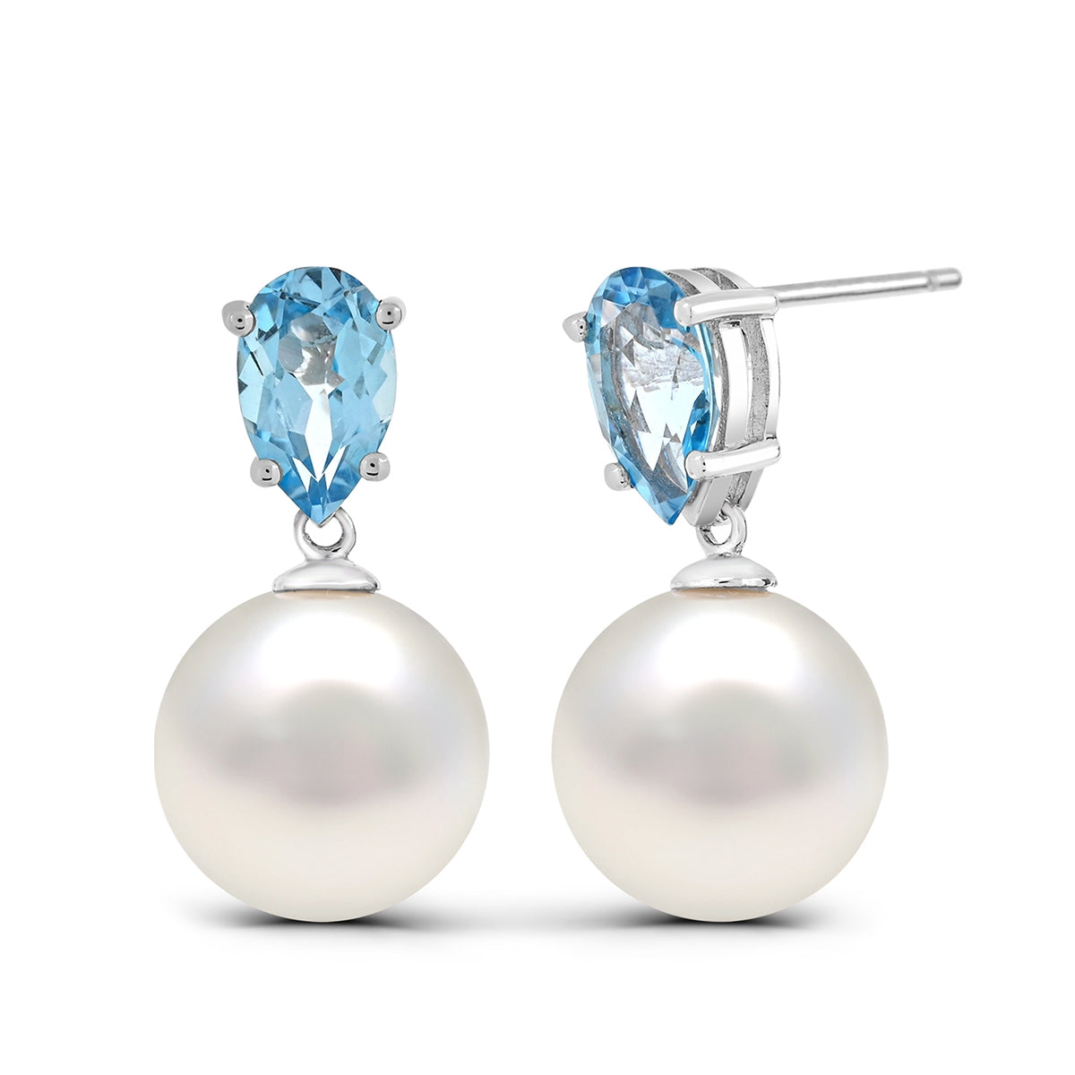 Cultured Freshwater Pearl & Pear Swiss Blue Topaz Drop Earrings in 14K White Gold