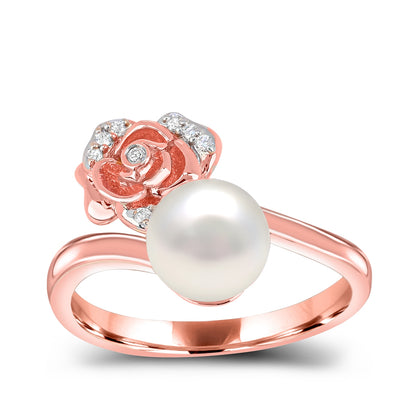 Cultured Freshwater Pearl & Diamond Accent Rose Ring in 14K Pink Gold