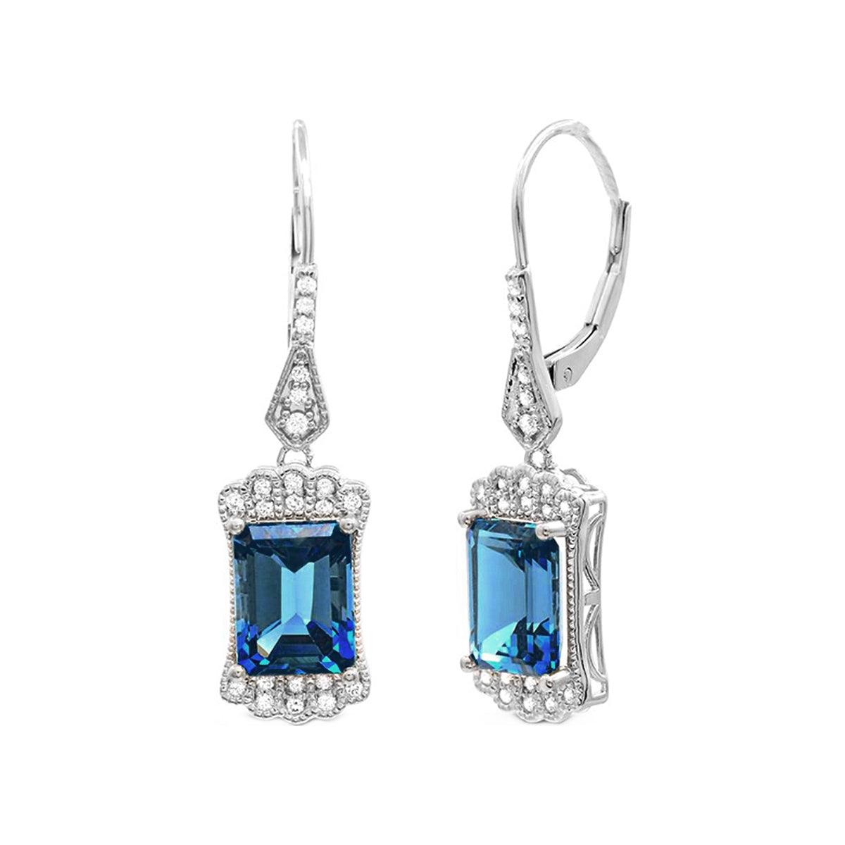 Emerald Cut London Blue Topaz & 1/4 ct. tw. Diamond Milgrain Drop Earrings in 14K White Gold