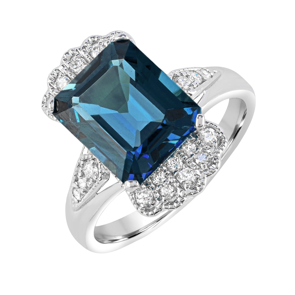 Emerald Cut London Blue Topaz & 1/4 ct. tw. Diamond Milgrain Ring in 14K White Gold front view