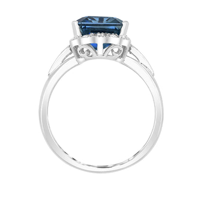 Emerald Cut London Blue Topaz & 1/4 ct. tw. Diamond Milgrain Ring in 14K White Gold close-up detail