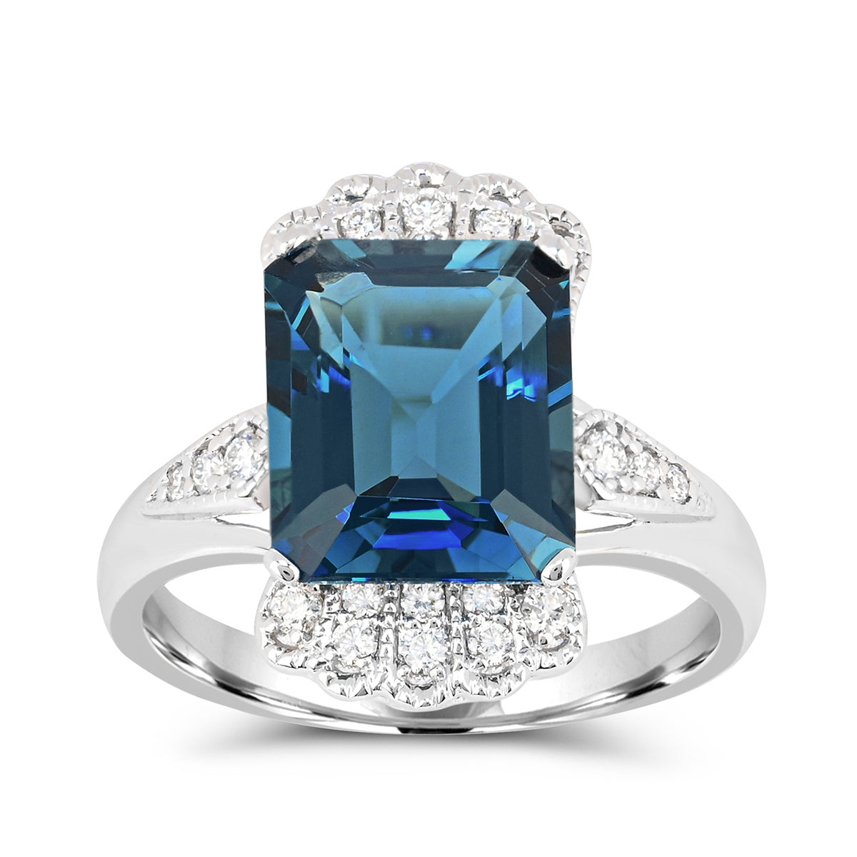 Emerald Cut London Blue Topaz & 1/4 ct. tw. Diamond Milgrain Ring in 14K White Gold