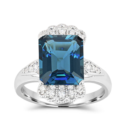 Emerald Cut London Blue Topaz & 1/4 ct. tw. Diamond Milgrain Ring in 14K White Gold
