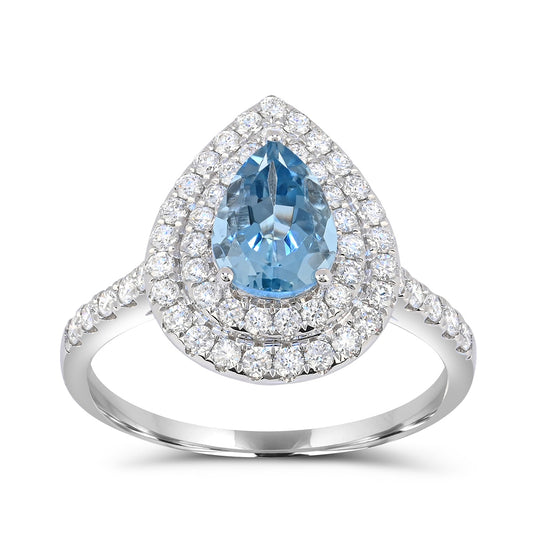 Pear Aquamarine & 1/2 ct. tw. Diamond Double Halo Ring in 14K White Gold