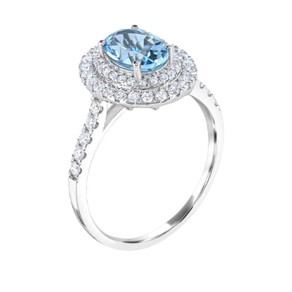 Oval Aquamarine & 1/2 ct. tw. Diamond Double Halo Ring in 14K White Gold front view