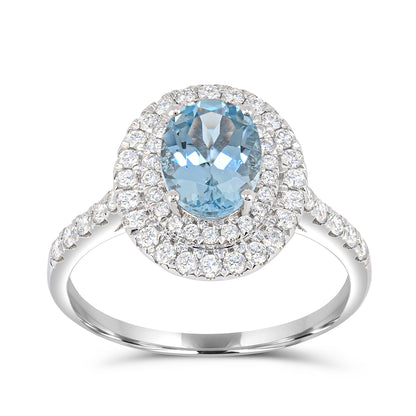Oval Aquamarine & 1/2 ct. tw. Diamond Double Halo Ring in 14K White Gold