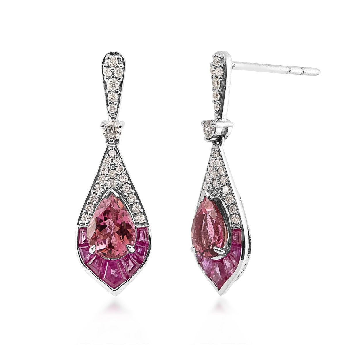 Pear Pink Tourmaline, Baguette Ruby & 1/3 ct. tw. Diamond Pointed Teardrop Earrings in 14K White Gold