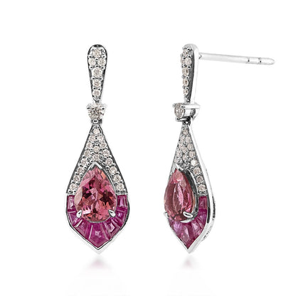 Pear Pink Tourmaline, Baguette Ruby & 1/3 ct. tw. Diamond Pointed Teardrop Earrings in 14K White Gold
