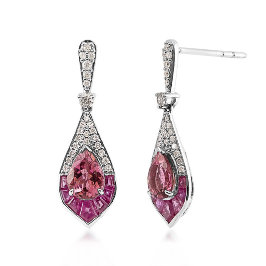 Pear Pink Tourmaline, Baguette Ruby & 1/3 ct. tw. Diamond Pointed Teardrop Earrings in 14K White Gold