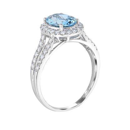Oval Aquamarine & 3/8 ct. tw. Diamond Halo Split Shank Ring in 14K White Gold front view