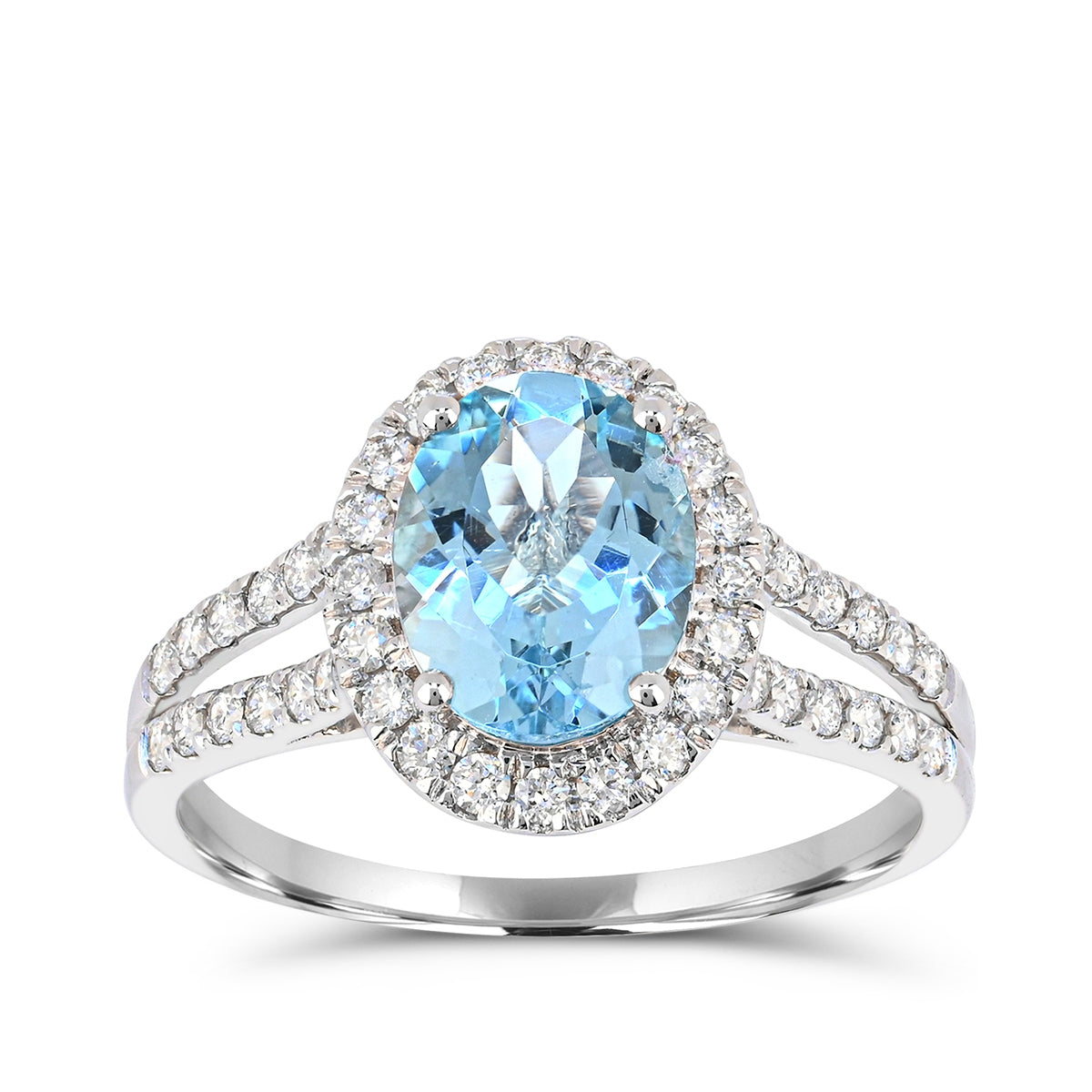 Oval Aquamarine & 3/8 ct. tw. Diamond Halo Split Shank Ring in 14K White Gold