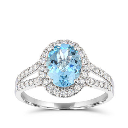 Oval Aquamarine & 3/8 ct. tw. Diamond Halo Split Shank Ring in 14K White Gold