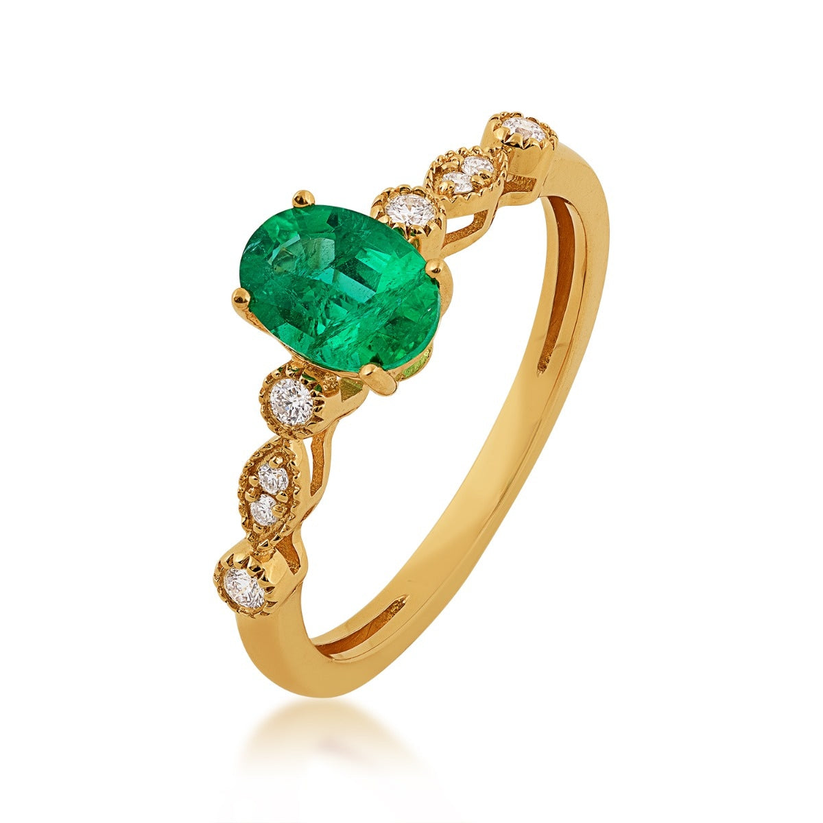 Oval Emerald & 1/10 ct. tw. Diamond Milgrain Ring in 14K Yellow Gold front view
