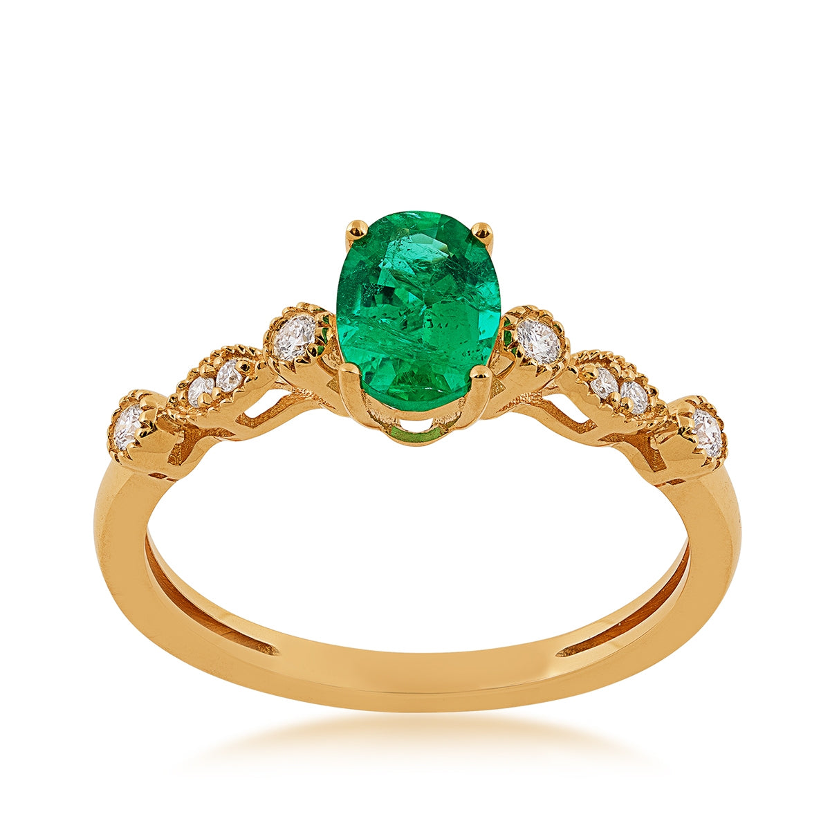 Oval Emerald & 1/10 ct. tw. Diamond Milgrain Ring in 14K Yellow Gold
