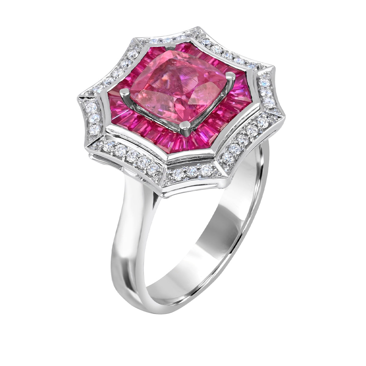 Cushion Pink Tourmaline, Ruby & 1/5 ct. tw. Diamond Octagon Halo Ring in 14K White Gold front view