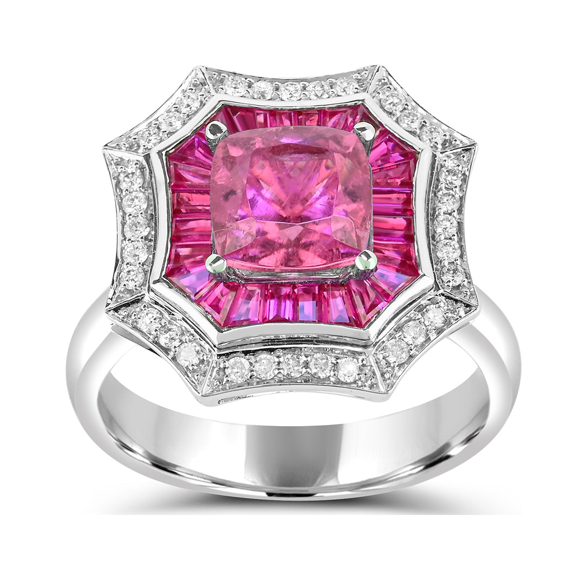 Cushion Pink Tourmaline, Ruby & 1/5 ct. tw. Diamond Octagon Halo Ring in 14K White Gold