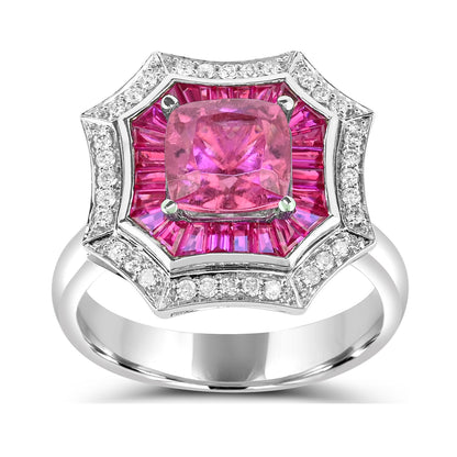 Cushion Pink Tourmaline, Ruby & 1/5 ct. tw. Diamond Octagon Halo Ring in 14K White Gold