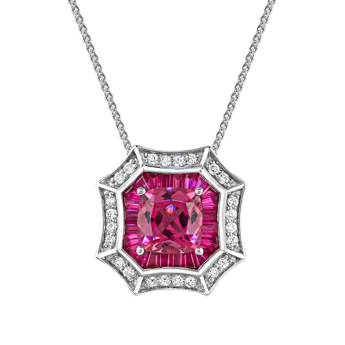 Cushion Pink Tourmaline, Ruby & 1/5 ct. tw. Diamond Octagon Halo Pendant in 14K White Gold