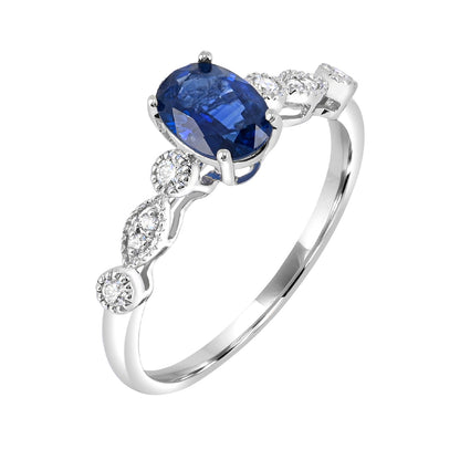 Oval Sapphire & 1/10 ct. tw. Diamond Milgrain Ring in 14K White Gold front view