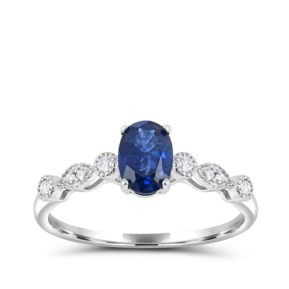Oval Sapphire & 1/10 ct. tw. Diamond Milgrain Ring in 14K White Gold