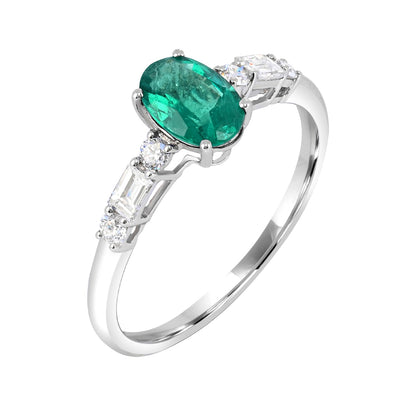 Oval Emerald & 1-3/8 ct. tw. Round & Baguette Diamond Ring in 14K White Gold front view
