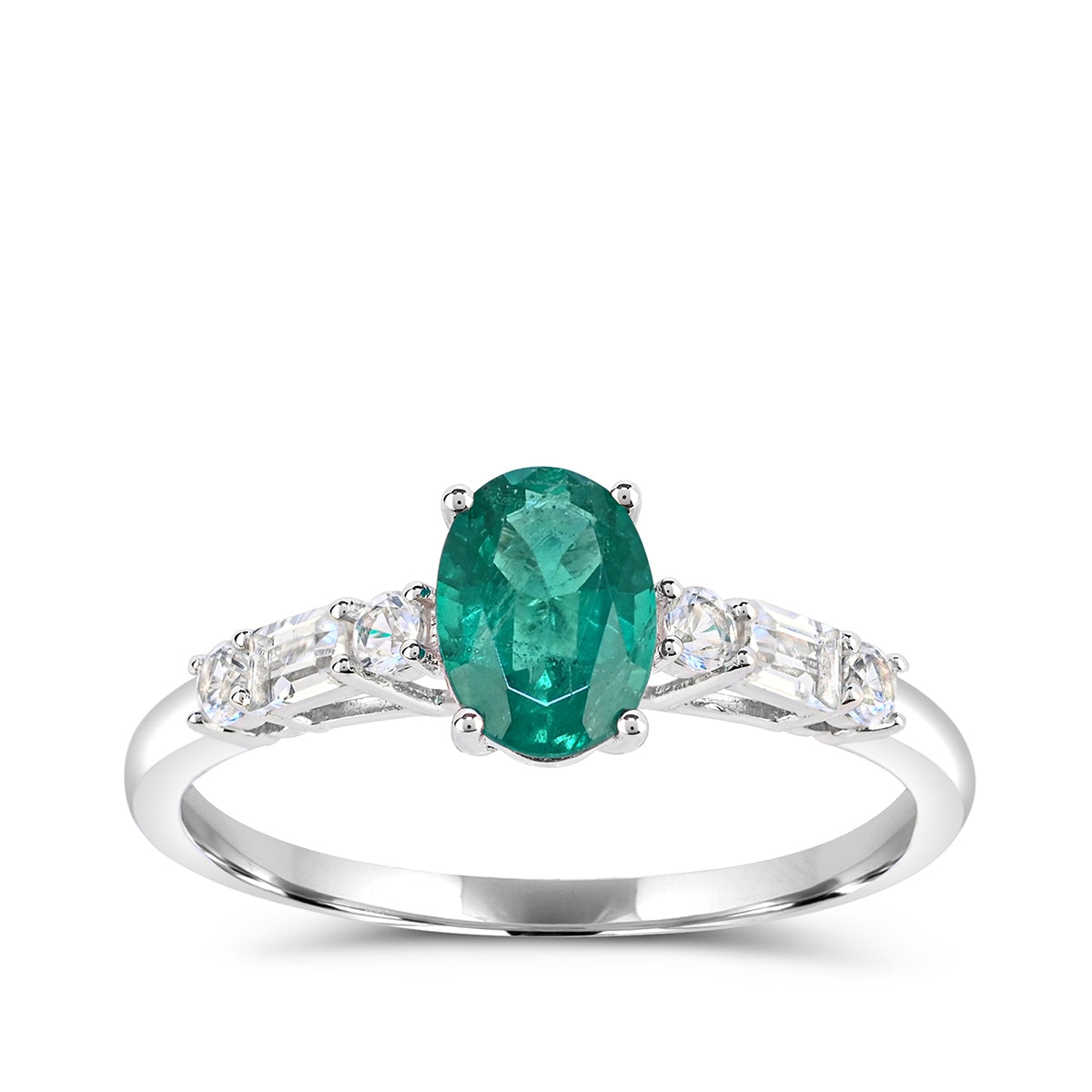 Oval Emerald & 1-3/8 ct. tw. Round & Baguette Diamond Ring in 14K White Gold