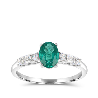 Oval Emerald & 1-3/8 ct. tw. Round & Baguette Diamond Ring in 14K White Gold